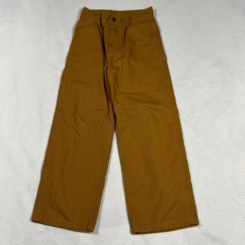Carhartt Carpenter Pants Kids Size 7 Brown Flannel Lined Duck Canvas Plaid Cuff